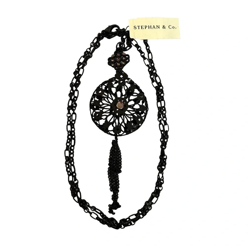 Necklace Stephan & Co. Matte Black 3D Lace Metal Pink Rhinestone Tassel